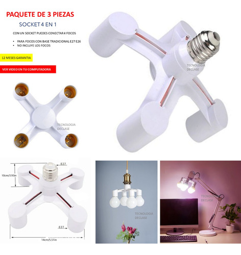 3 Pzas Adaptador Socket De Luz 4 En 1 Para Focos E27