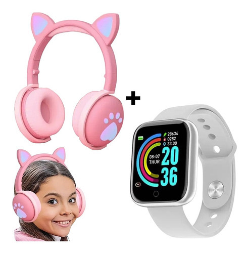 Smartwatch Feminino D20 + Fone Gatinho Meninas Rosa Cor da pulseira Fone Rosa Relógio Prata