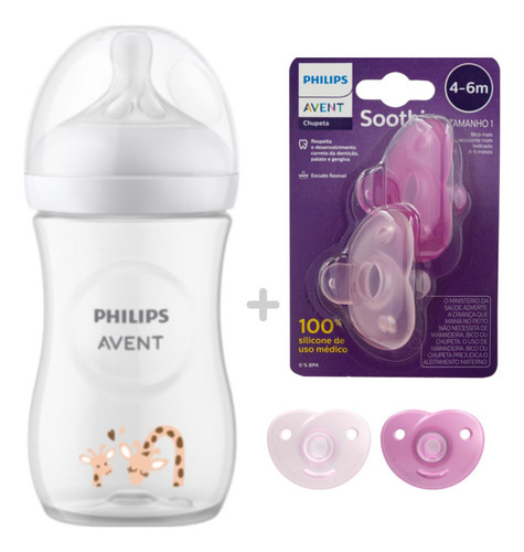 Kit Mamadeira Pétala Avent 260 Ml + Chupeta Soothie Rosa