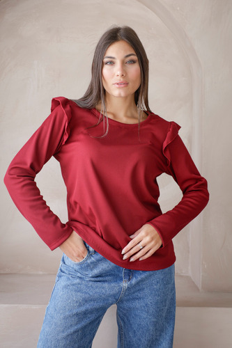 Remera Waffle Panal Frizado Manga Larga Volados Talle Grande