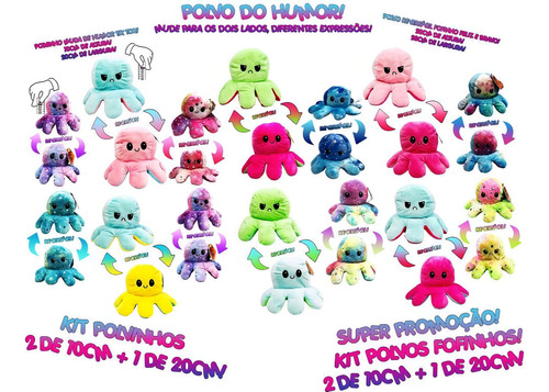 Set de 3 pulpos de peluche grandes y reversibles que cambian el estado de ánimo
