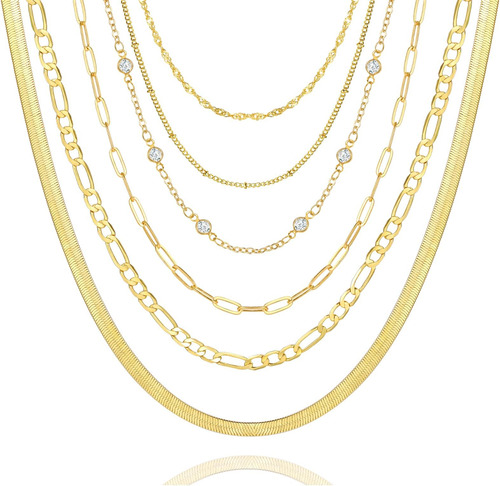 Faxhion 6 Collares De Cadena En Capas De Oro Para Mujer, Gar