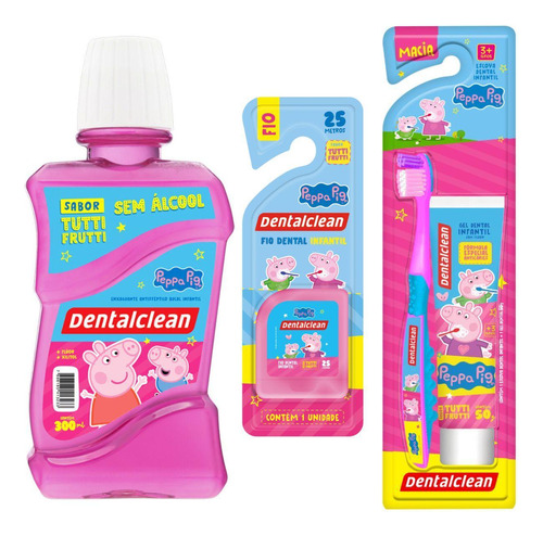 Kit Gel Dental + Escova + Fio Dental + Enxaguante - Peppa