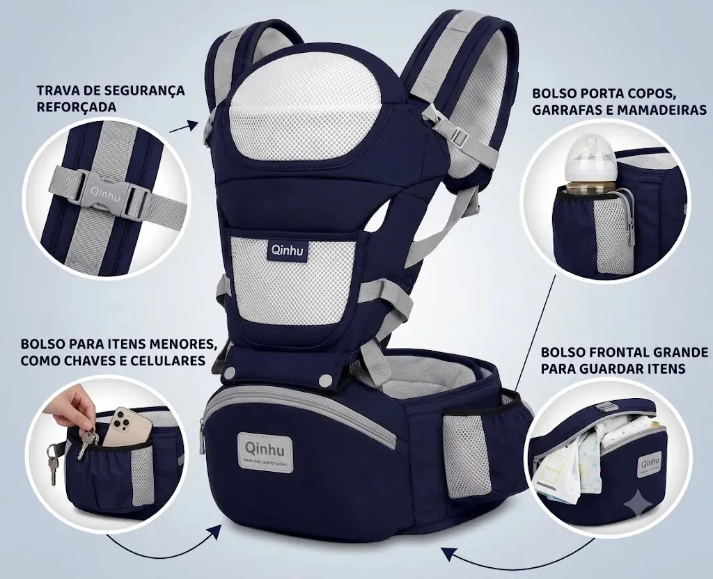 Canguru Qinhu Seguro Ergonômico C/ Apoio Na Cintura Pronta Cor Azul Marinho 2