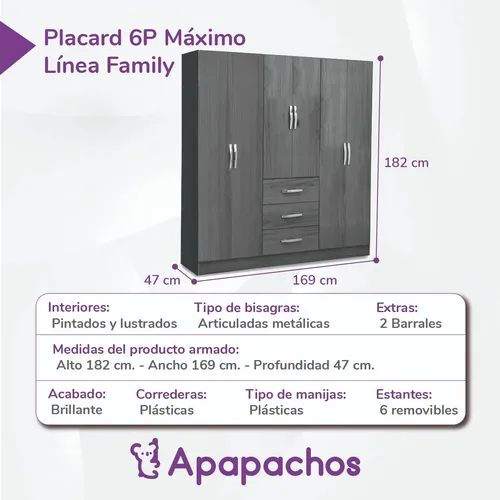 Placard Máximo Family 6 Puertas 3 Cajones 169 Cm