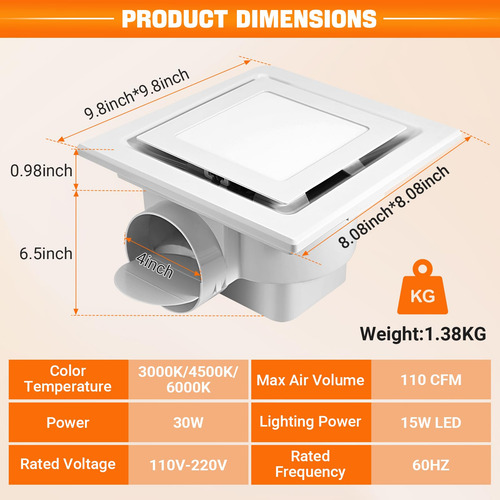 Bathroom Exhaust Fan With Led Light Feiton Square 30w 110cfm