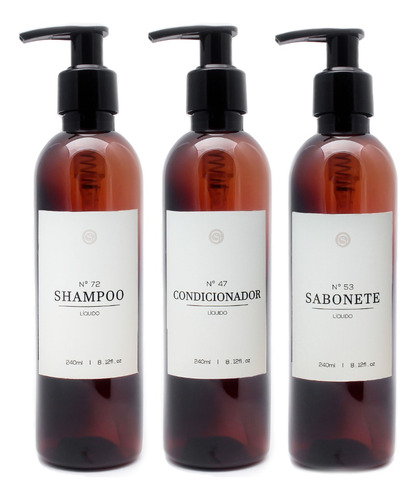 Kit Frascos Âmbar 3pçs Shampoo Cond Sab 240ml Decoração Luxo