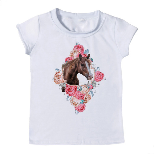 Camiseta Feminina Infantil Retrato Cavalo Florido Country