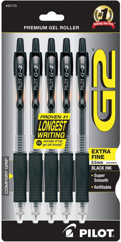 Pilot G2 Boligrafos De Gel Rolling Ball 0.5 Mm Negro  Pack 5