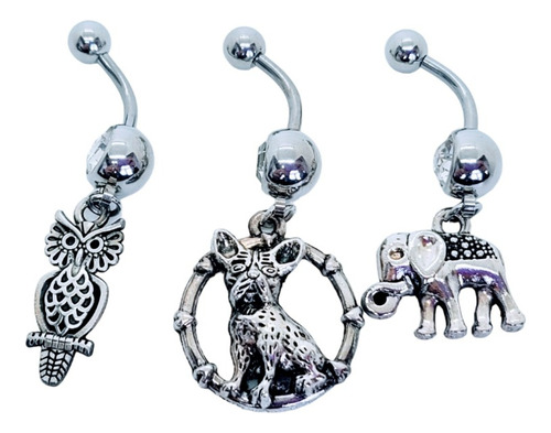 Piercing Ombligo Pack X3 Buho, Perrito, Elefante