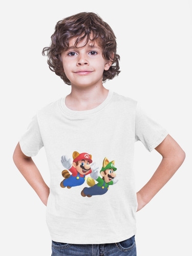 Polera Infantil Unisex Mario Bros Super Mapache Estampado