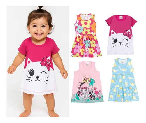 Kit 3 Vestidos Infantil Bebê Casual Menina Estampada Sortida