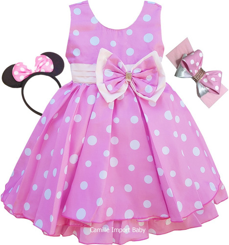 Vestido Infantil Festa Minnie Rosa Modelo Novo Com 2 Tiara