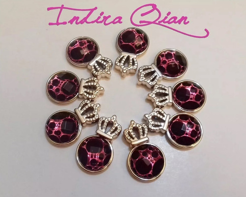 6 Dijes Coronitas Doradas Centro Color Fucsia Lila