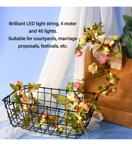 Rose Light String 40 Leds Flower Vine String Decoração De Lu