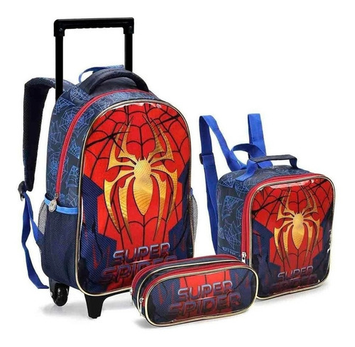Kit Mochila Infantil Rodinhas Homem Super Spider Aranha 2020 Cor Azul Desenho Do Tecido Liso