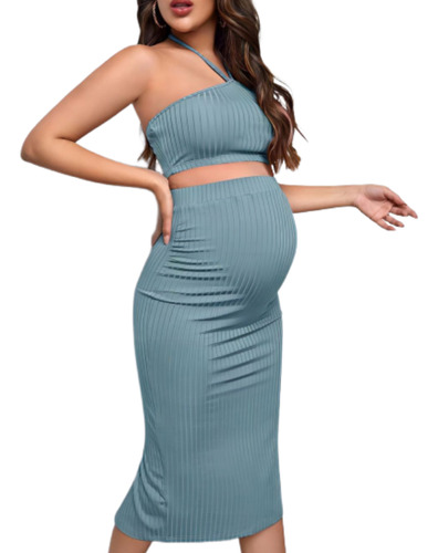 Conjunto De Top Y Falda De Punto Acanalado Para Maternidad