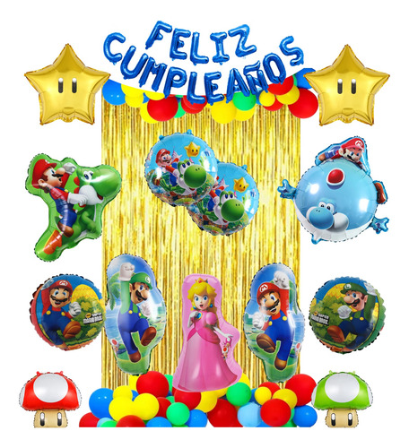 Set Decoracion Cumpleaños Globos Mario Bros Peach Yoshi 