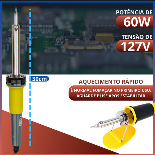 Kit Ferro De Solda Soldar 60w 110v Profissional + Tubo 15g E Suporte Soldagem Eletrônicos Reparos
