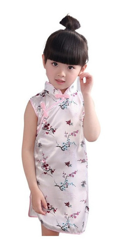 Vestido Chino De Niña Cheongsam Pavo Real De Una Sola Pieza