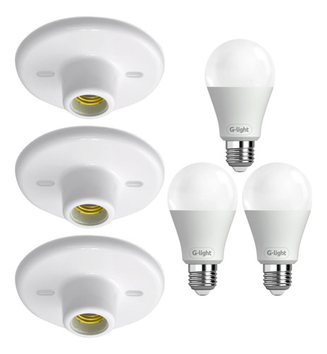 Kit 3 Plafonier E27 Branco 3 Lâmpada Led 6,5w 6500k Bivolt