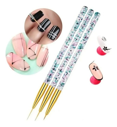 3 Pinceles Liner Fino Mano Alzada Nail Art Uñas Gel