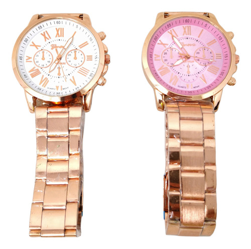 Reloj Dorado Acero Inoxidable Moda Dama Geneva Bisel Rosa