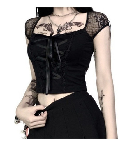 Camiseta De Encaje Negro For Mujer Goth Gothic Style