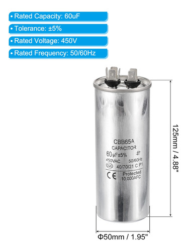 Zj Condensador Cbb65 60uf, Condensador De Arranque De Motor
