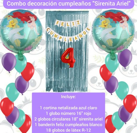 Combo Decoración Cumpleaños Sirenita Ariel Globos Cortina 