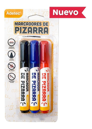 Plumones Para Pizarra Adetec 3 Marcadores Negro, Rojo Y Azul