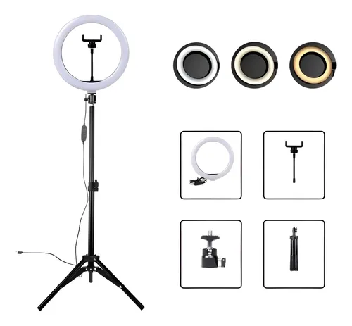 Ring Light 26cm Led Dimerizável Preto C/ Tripé Usb 15w Diâmetro 10pol 127/220v Branco-frio