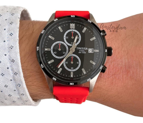 Reloj Tressa Hombre Mod Qatar Cronografo Caucho Amsterdamarg Malla Rojo Bisel Negro Fondo Negro