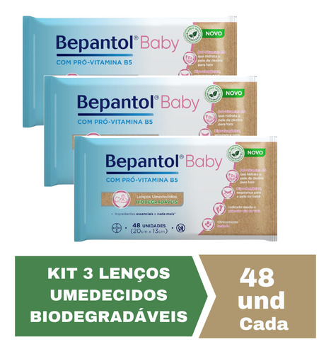 Kit Com 3 Lenços Umedecidos Biodegradável 48un Cada Bepantol