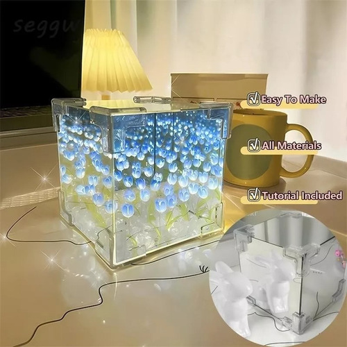 Cubo Tulipanes Infinito Lampara Noche Cubo Espejo Romantico Estructura Azul Pantalla Blanco Azul Blanco