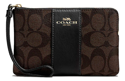 Monedero Coach Corner Zip Wristlet Color Marrón De Cuero Y Lona - 10cm X 16cm X 1.27cm