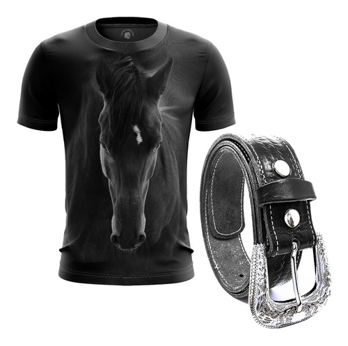 Camisa T-shirt Masculina Cavalo Cavalo Preta + Cinto Country