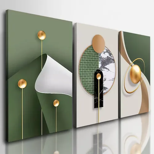 Quadros Decorativos Abstrato Geométrico Gold Green Sala 3 Pç Borda Borda Infinita