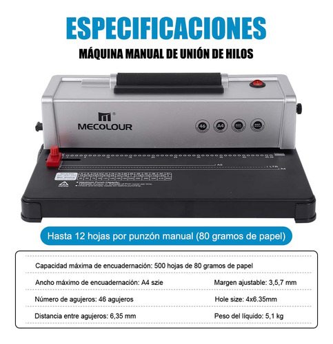 Engargoladora Espiral Eléctrica Mecolour A4 12 Hojas Plástico Arillometálico 46 Hoyos
