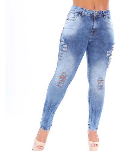 Calça Feminina Skinny Jeans Manchada Rasgada