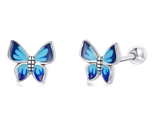 Aretes Broquel Mariposa Azul Plata Ley 925 Mujer Niña