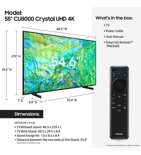 Samsung 55 Clase Cu8000b Crystal Uhd Smart Tv Un55cu8000bxza (Reacondicionado)