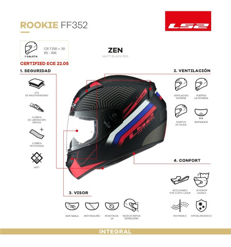 Imagen 6 de 9 de Casco Moto Integral Ls2 352 Zen Negro Rojo Mate