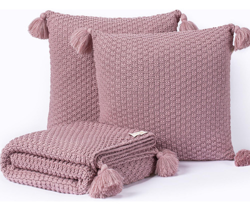 Kit Manta Casal Sala Sofa Pompom 180x60 + 2 Capas 45x45 Rose