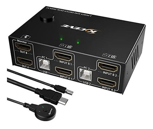 Interruptor Kvm De Doble Monitor Hdmi 2 Puertos 4k A 30 Hz,.