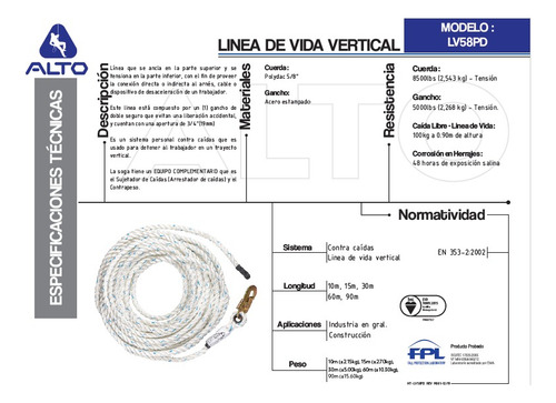 Cuerda De Vida Vs Caídas 5/8x15m Lv58pd15 Alto Altura Segura