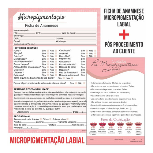 Imagem 1 de 4 de Kit Ficha Anamnese Micropigmentação + Bloco Cuidados Cliente