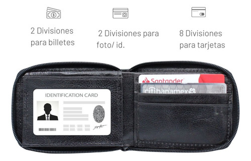 Cartera Hombre Piel Cierre Identificación Grabado Láser Negro