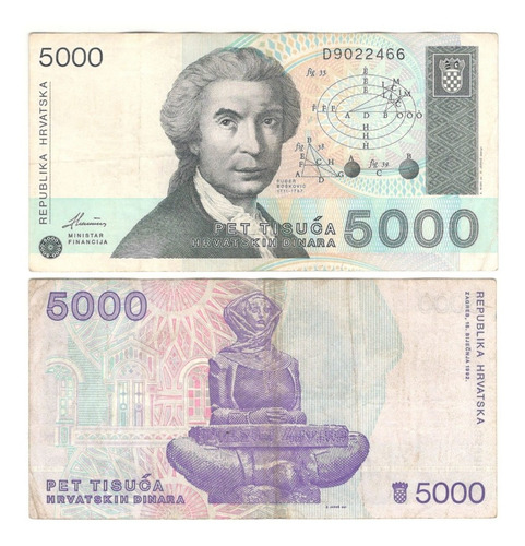 Billete Croacia 5,000 Dinara (1992) Ruder Boskovic (rare) (Usado)