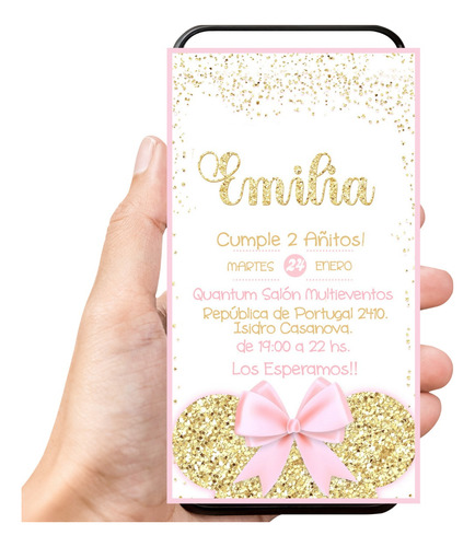  Invitaciones Minnie Bb Oro  Rosa Para Whatsaap